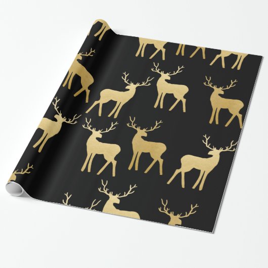 Gold Antler Reindeer Holiday Elegant Black Cadeaupapier (Uitgerold)