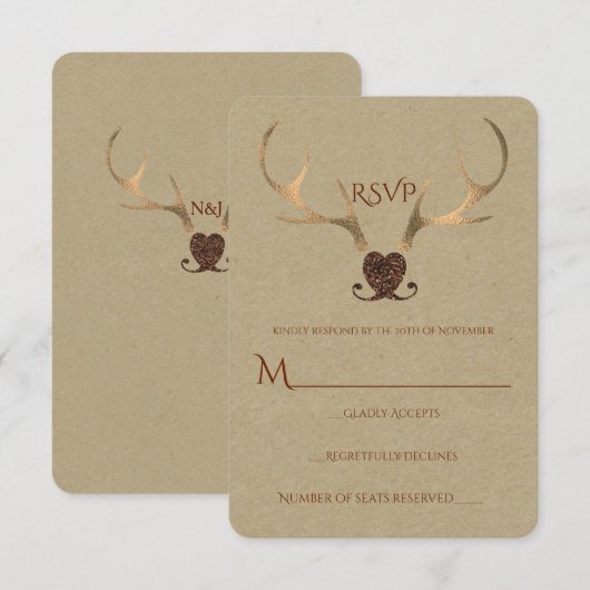 Gold Antlers & Bruin Papier Rustic Wedding RSVP (Voorkant / Achterkant)