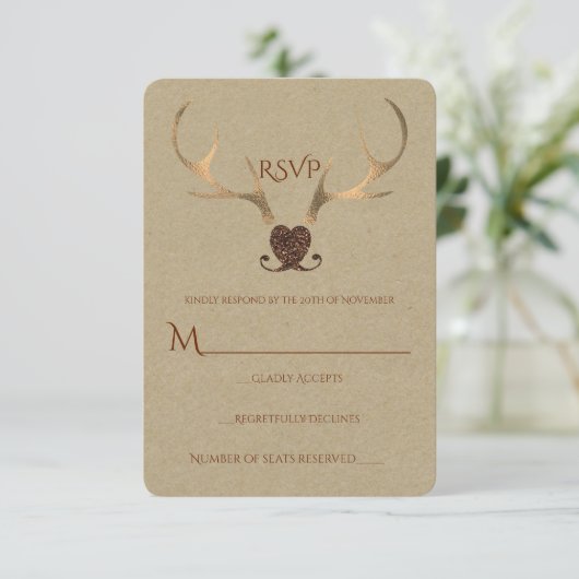 Gold Antlers & Bruin Papier Rustic Wedding RSVP (Staand voorkant)