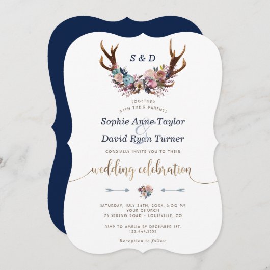 Gold Antlers Dusty Blue Floral Wedding Invite Kaart (Voorkant / Achterkant)