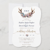 Gold Antlers Dusty Blue Floral Wedding Invite Kaart (Voorkant)