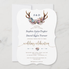 Gold Antlers Dusty Blue Floral Wedding Invite Kaart