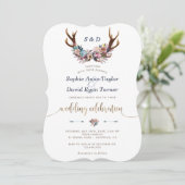 Gold Antlers Dusty Blue Floral Wedding Invite Kaart (Staand voorkant)