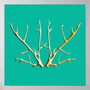 Gold Antlers op Blauwgroen Poster