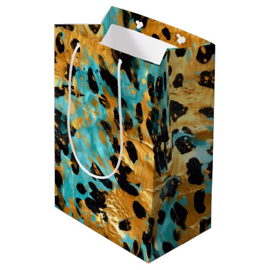 Gold Aqua Black Leopard Animal Medium Cadeauzakje (Achterkant Gekanteld)