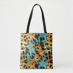 Gold Aqua Black Leopard Animal Tote Bag
