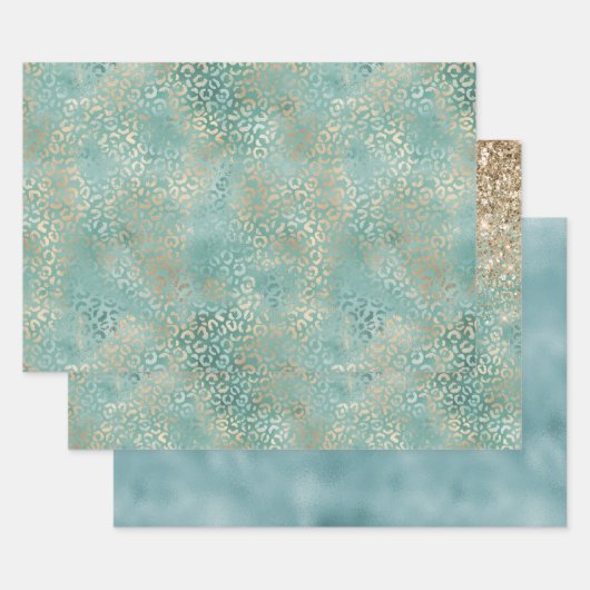 Gold Aqua Blauwgroen Turquoise Glam Leopard Print Inpakpapier Vel (Set)
