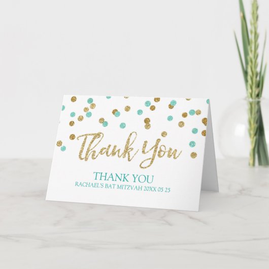 Gold Aqua Blue Confetti Bat Mitzvah Thank You Card Bedankkaart (Voorkant)