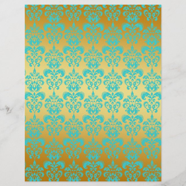 Gold, Aqua Blue Damask Patroon 2 (Voorkant)