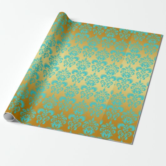 Gold, Aqua Blue Damask Patroon 2 Cadeaupapier (Uitgerold)