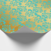 Gold, Aqua Blue Damask Patroon 2 Cadeaupapier (Hoek)