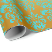 Gold, Aqua Blue Damask Patroon 2 Cadeaupapier (Rol Hoek)