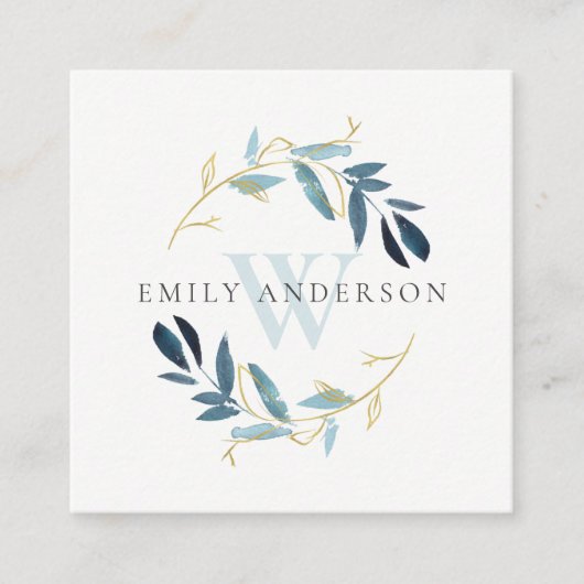 GOLD AQUA BLUE FOLIAGE INITIAAL WREATSBERICHT VIERKANTE VISITEKAARTJE (Voorkant)