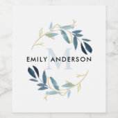 GOLD AQUA BLUE FOLIAGE WATERVERF WREATH MONOGRAM WIJN ETIKET (Enkel label)