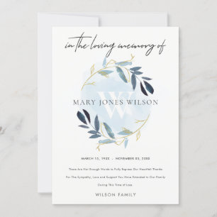 GOLD AQUA BLUE FOLIAGE WREATH SYMPATHY MEMORIAL BEDANKKAART