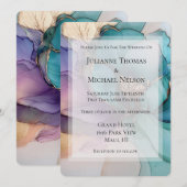 Gold Aqua Blue Paarse Bloemen Romantische bruiloft Kaart (Voorkant / Achterkant)