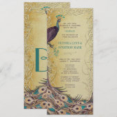 Gold Aqua Eggplant Art Nouveau Peacock Wedding Kaart (Voorkant / Achterkant)