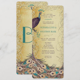Gold Aqua Eggplant Art Nouveau Peacock Wedding Kaart