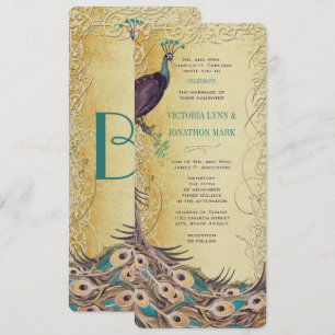 Gold Aqua Eggplant Art Nouveau Peacock Wedding Kaart