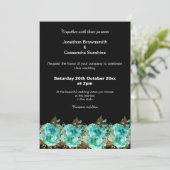 Gold Aqua Floral Wedding Black Achtergrond Kaart (Staand voorkant)