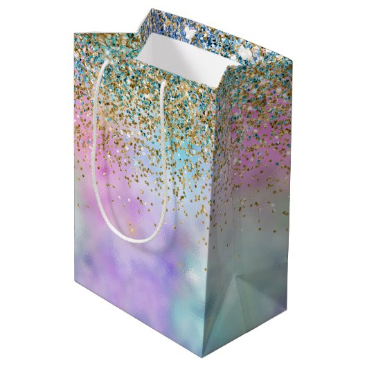 Gold Aqua Glitter Paars White Unicorn Sparkle Medium Cadeauzakje (Achterkant Gekanteld)