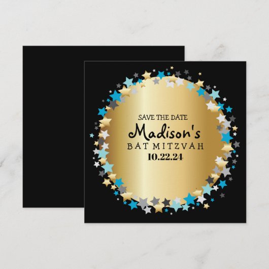 GOLD Aqua Gold Stars Bar Bat Mitzvah Save the Date (Voorkant / Achterkant)