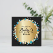 GOLD Aqua Gold Stars Bar Bat Mitzvah Save the Date (Staand voorkant)
