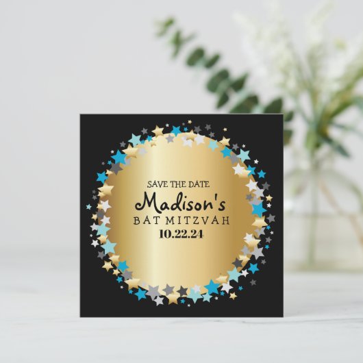 GOLD Aqua Gold Stars Bar Bat Mitzvah Save the Date (Staand voorkant)