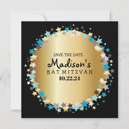 GOLD Aqua Gold Stars Bar Bat Mitzvah Save the Date (Voorkant)