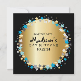 GOLD Aqua Gold Stars Bar Bat Mitzvah Save the Date