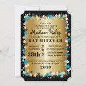 GOLD Aqua Gold Stars Bar Bat Mitzvah Uitnodiging (Voorkant)