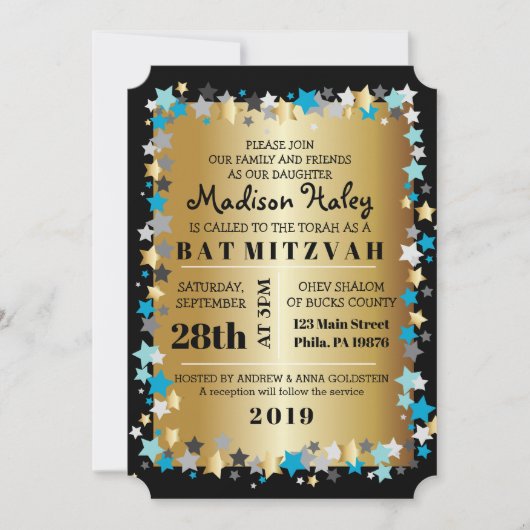 GOLD Aqua Gold Stars Bar Bat Mitzvah Uitnodiging (Voorkant)