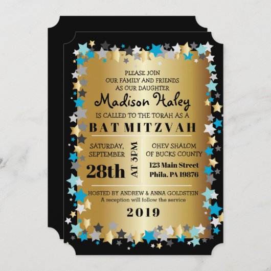 GOLD Aqua Gold Stars Bar Bat Mitzvah Uitnodiging (Voorkant / Achterkant)