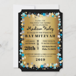 GOLD Aqua Gold Stars Bar Bat Mitzvah Uitnodiging