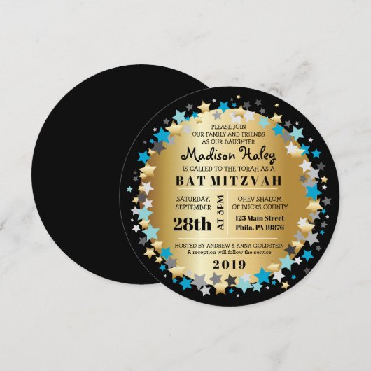 GOLD Aqua Gold Stars Bar Bat Mitzvah Uitnodiging (Voorkant / Achterkant)