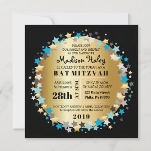 GOLD Aqua Gold Stars Bar Bat Mitzvah Uitnodiging