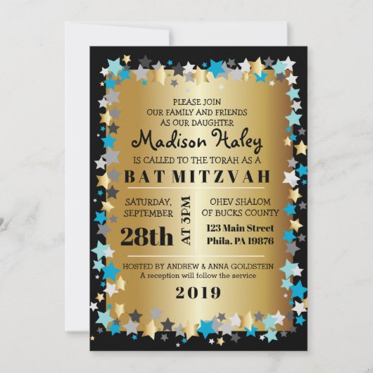 GOLD Aqua Gold Stars Bar Bat Mitzvah Uitnodiging (Voorkant)