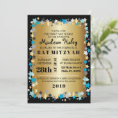 GOLD Aqua Gold Stars Bar Bat Mitzvah Uitnodiging (Staand voorkant)