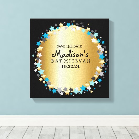 GOLD Aqua Gold Stars Bat Mitzvah Canvas Afdruk (Insitu (Houten vloer))