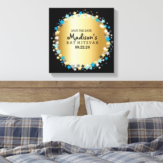 GOLD Aqua Gold Stars Bat Mitzvah Canvas Afdruk (Insitu (Slaapkamer))