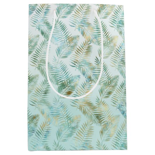 Gold Aqua Green Tropical Leaves Medium Cadeauzakje (Voorkant)