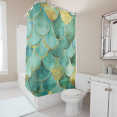 Gold Aqua Mermaid Scale Watercolor Pattern Douchegordijn (In situ)