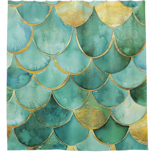 Gold Aqua Mermaid Scale Watercolor Pattern Douchegordijn (Voorkant)