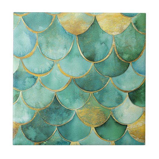 Gold Aqua Mermaid Scale Watercolor Pattern Tegeltje (Voorkant)