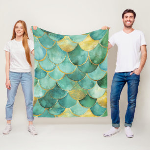 Gold Aqua Mermaid Scale Waterverf Pattern Fleece Deken