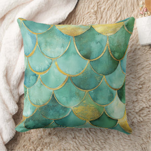 Gold Aqua Mermaid Scale Waterverf Pattern Kussen