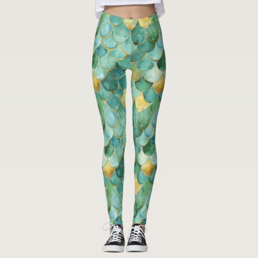 Gold Aqua Mermaid Scale Waterverf Pattern Leggings (Voorkant)