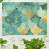 Gold Aqua Mermaid Scale Waterverf Pattern Theedoek (Gevouwen)
