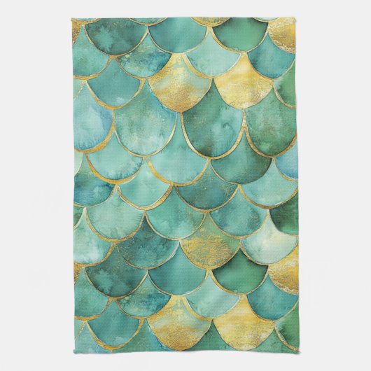 Gold Aqua Mermaid Scale Waterverf Pattern Theedoek (Verticaal)