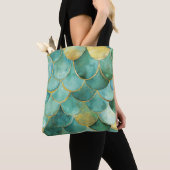 Gold Aqua Mermaid Scale Waterverf Pattern Tote Bag (Dichtbij)